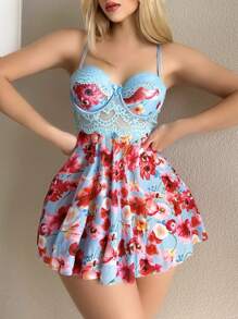 2pcs/Set Floral Print Lace Insert With Underwire Spaghetti Strap Dress And Thong Sexy Lingerie Set - Multicolor - View 3