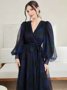 Modelyn 女款花卉印花網紗燈籠袖腰帶連衣裙 - 彩色 - 查看 3
