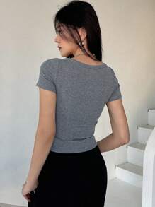 DAZY Solid Color Round Neck Tight Short Sleeve T-Shirt,Crop Tops Women - Grey - View 2