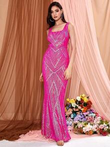 LOVE&LEMONADE Đầm dạ hội họa tiết hoa bất đối xứng màu đỏ hồng dành cho nữ - Màu Hồng Tươi - Xem 6