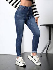 SHEIN Frenchy 女式修身牛仔褲 - 深色水洗藍 - 查看 5