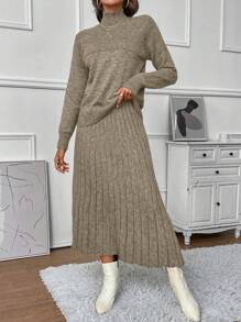 SHEIN LUNE Elegant Women's Raglan Long Sleeve Sweater And Knit Skirt Two Piece Set - Mocha Brown - View 6