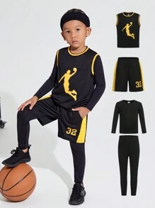 SHEIN 4pcs Toddler Boys' Loose Casual Round Neck Vest, Long Sleeve T-shirt, Pants And Shorts Sports Outfits - Black - View 1