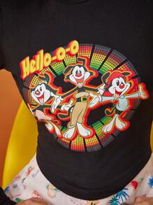 ANIMANIACS X SHEIN 女士卡通印花短袖上衣 - 黑色 - 查看 5