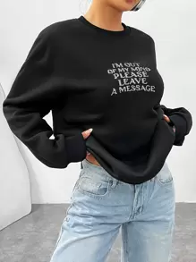 SHEIN EZwear Sudadera De Hombro Caído Con Estampado De Lema Para Mujer - Negro - Ver 5
