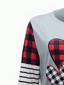 SHEIN LUNE 女士愛心條紋印花拼接長袖運動t恤衫 - 灰色 - 查看 4