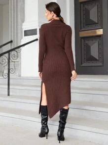 SHEIN Unity 純色高領分割式下擺毛衣裙 - 巧克力棕 - 查看 2
