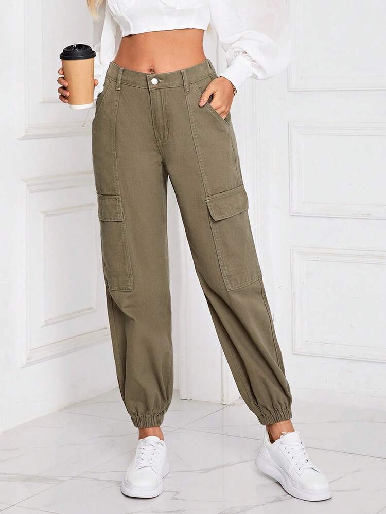 Women'S Casual Denim Pants Outdoor Vacation Clothing, Green Denim Pants With Utility Pocket