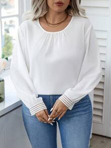 Calvaya 大尺碼單色花邊透空袖子襯衫 - 白色 - 查看 6