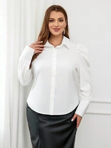SHEIN Privé Plus Size Solid Color Leg-Of-Mutton Sleeve Shirt - White - View 5