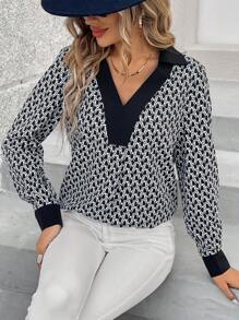 SHEIN LUNE Full Printed V-Neck Blouse - Multicolor - View 5