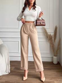 RueChic Solid Color Straight Leg Pants - Camel - View 3