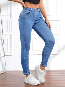 女式緊身牛仔褲 - 淺色水洗藍 - 查看 6