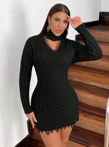 Zolique Women'S Solid Color Stand Collar Hollow Out Knitted Dress Fall Cloth For Women - Black - View 3