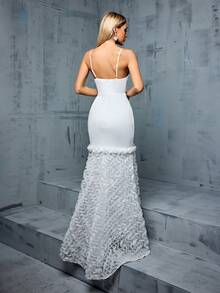V-Neck Spaghetti Strap Mermaid Style Embroidery Patchwork Dress With 3d Flower Decor - White - View 2