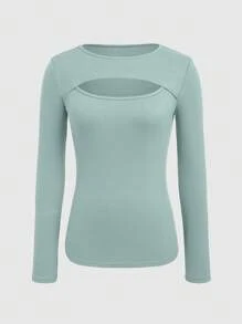 INAWLY Camiseta De Manga Larga Ajustada Con Agujeros De Color Liso Para Mujer Con Canalé