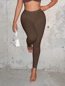 SHEIN SXY 純色打底褲/緊身褲 - 棕色 - 查看 4