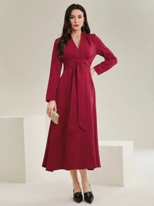 Modelyn Burgundy Red Women'S Solid Color Belted Dress - Burgundy - View 1