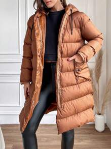 EURMUSE Women'S Drawstring Hooded Padded Jacket - Brown - View 3