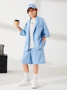 SHEIN Cậu bé Tween Giải trí Hàn Quốc Phong cách Lỏng lẻo phù hợp Ngắn tay Áo vest Áo khoác Với Vòng cổ Và màu trơn Dệt Quần short Hai chiếc Bộ - Màu xanh lam - Xem 6