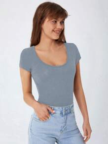 Cottnline Solid Scoop Neck Tee - Grey - View 4