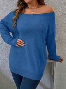 Calvaya Kích thước lớn Của phụ nữ Off Shoulder Thả vai Tay áo dài Áo len - Màu xanh lam - Xem 5