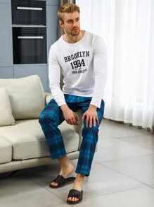 男士字母印花上衣和格紋長褲家居服套裝 - 彩色 - 查看 7