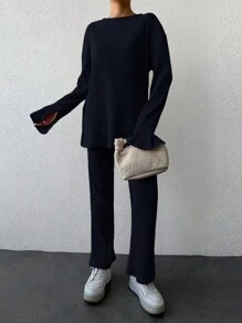 SHEIN Cottnline Women'S Solid Color Drop Shoulder Ribbed Top And Pants Two-Piece Set - Navy Blue - View 6