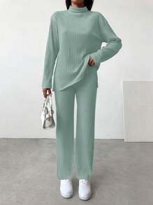 EURMUSE Mock Neck Drop Shoulder Tee & Pants - Green - View 5