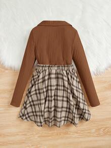 SHEIN Tween 女孩運動街頭風格針織純色 V 領長袖上衣搭配格紋迷你裙 - 鏽棕色 - 查看 2