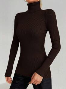 RueChic Turtleneck Ribbed Knit Sweater - Brown - View 4