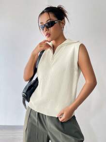 SHEIN Unity Zipper Turtleneck Solid Color Sweater Vest - White - View 5