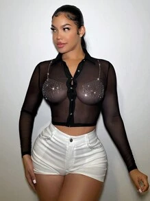 SHEIN SXY Women'S Mesh Sheer Top With Rhinestone Embellishment - Black - View 1