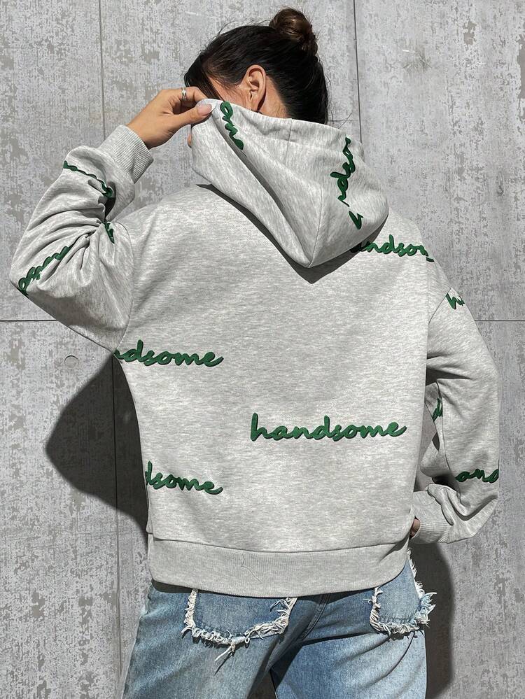 Women's Hooded Sweatshirt With Letter Print And Drawstring Pullover Fall Sweatshirt