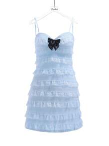 Enchnt Bow Decorated Multi-layer Lace & Ruffle Trimmed Cami Dress - Blue - View 7