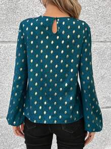 SHEIN LUNE Women'S Polka Dot Lantern Sleeve Shirt With Gold Foiling