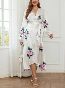 SHEIN Privé Plus Size Elegant Delicate Romantic Floral Print White Twisted & Tied Skater Dress For Spring/Summer - Multicolor - View 6