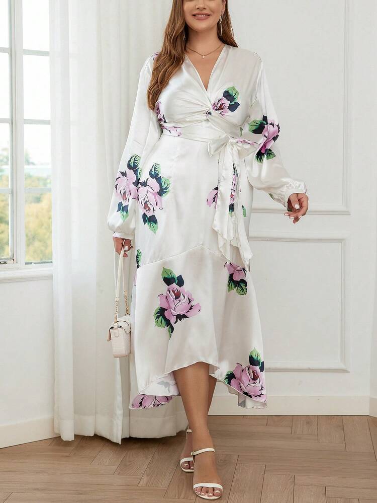Plus Size Elegant Delicate Romantic Floral Print White Twisted & Tied Skater Dress For Spring/Summer