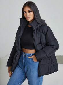 EURMUSE Women's Solid Color Long Sleeve Zipper Front Casual Hooded Winter Jacket - Black - View 4