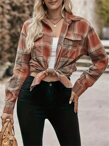 Loose Retro Plaid Shirt, Women's Casual Long Sleeve Blouse
