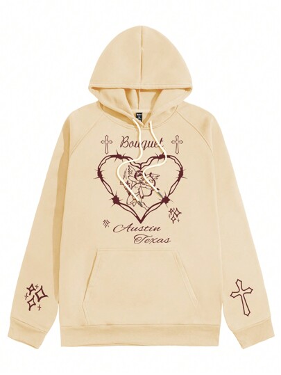 Street Life Men's Angel & Letter Print Hooded Fleece Sweatshirt With Drawstring