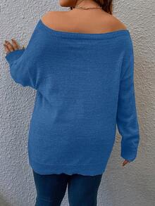 Calvaya Kích thước lớn Của phụ nữ Off Shoulder Thả vai Tay áo dài Áo len - Màu xanh lam - Xem 2