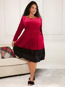 SHEIN CURVE+ Talla grande Vestido Navidad con encaje en contraste bajo con fruncido de terciopelo - Multicolor - Ver 5