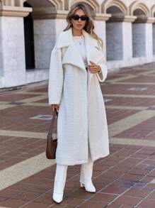 RueChic Abrigo tipo teddy con cuello vuelto y hombros caídos, abrigos sueltos de mujer lisos y blancos de uso casual para finales de otoño, para uso diario casual