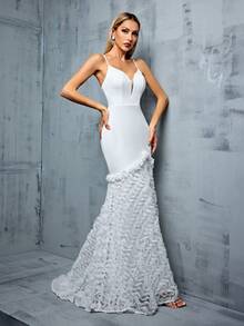 V-Neck Spaghetti Strap Mermaid Style Embroidery Patchwork Dress With 3d Flower Decor - White - View 6