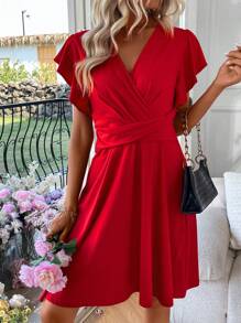 Chiquease Quấn chéo Chi tiết & Tay áo xù Đầm - Đỏ - Xem 6