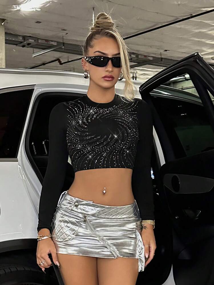 Women's Patterned Rhinestone Embellished Long Sleeve Slim Fit T-Shirt