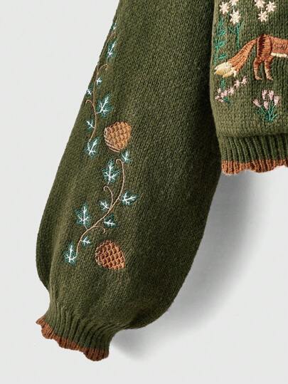 ROMWE Fairycore Plus Size V-Neck Floral & Animal Embroidery Front Button Color Block Long Sleeve Cardigan, Winter