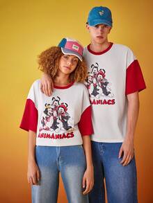ANIMANIACS X SHEIN 1件漫畫和字母印花拼接下肩寬鬆T恤，夏季 - 白色 - 查看 6