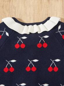Baby Girls' Peter Pan Collar Cherry Pattern Cardigan And Knit Skirt Set - Navy Blue - View 7